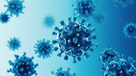 Microscopic images of spiky COVID viruses' surfaces