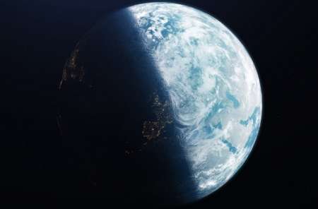 View of Earth from space, with half the planet under nightfall, half in daytime